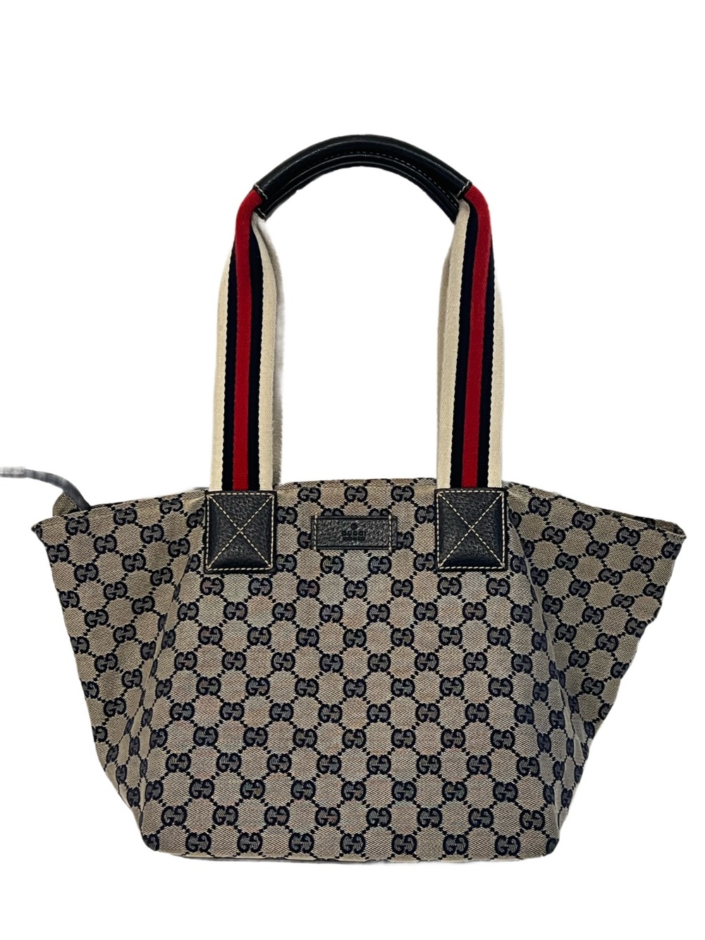 Gucci Beige GG Canvas Tote with Red and Navy Stripe Handles